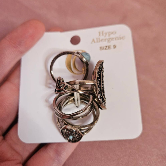 Charming Charlie Silver-Tone Mixed Metal & Faux Turquoise Light Ring Set Size 9 - Picture 2 of 8